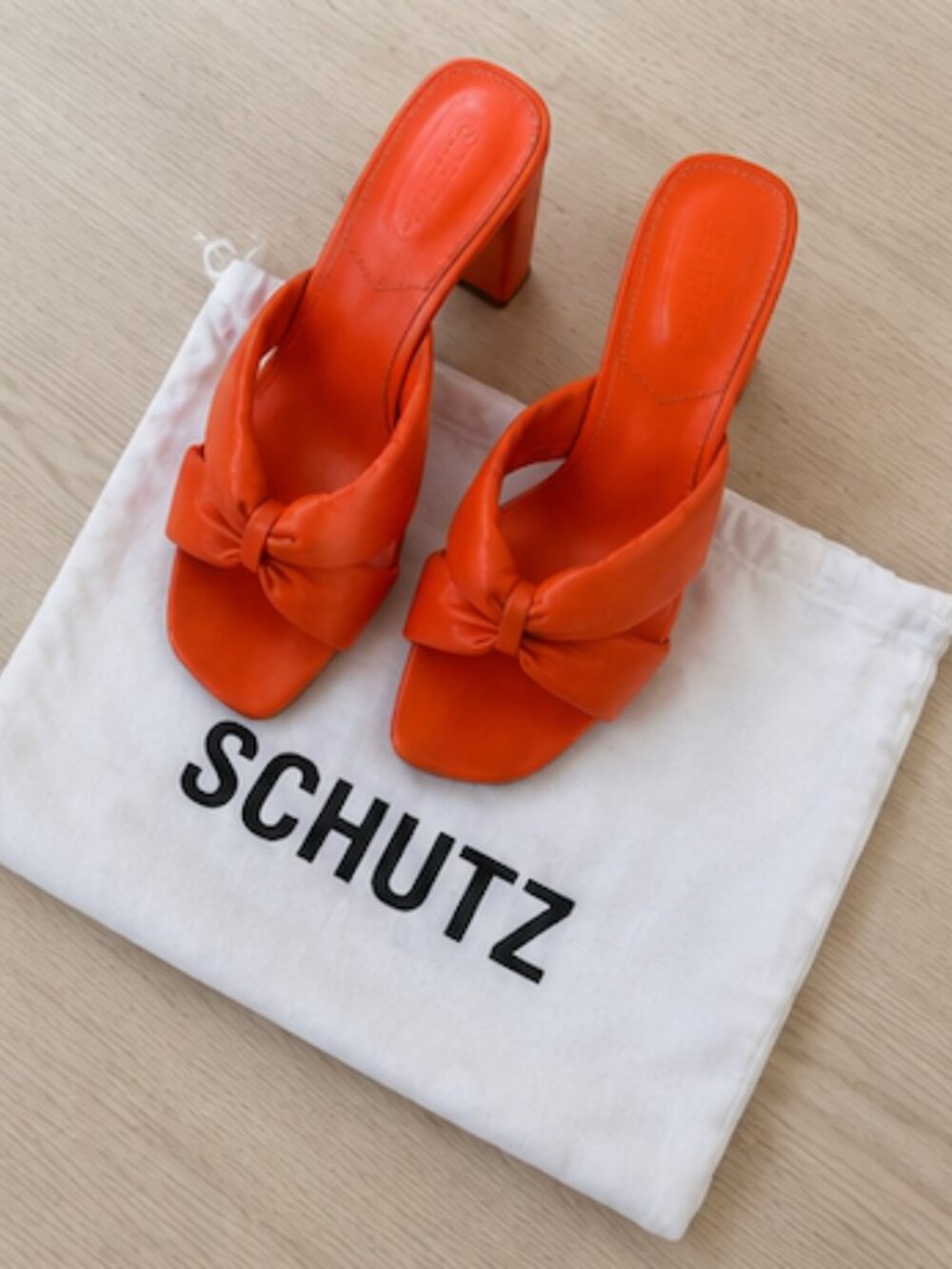 Schutz Orange Knotted Square-Toe Block Heel Mule Sandals